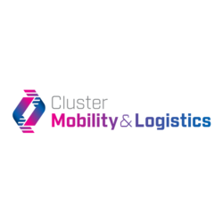Das Logo von Cluster Mobility und Logistics in einem rosa-blauen Schriftzug auf weißem Hintergrund.