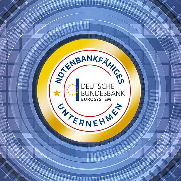Goldener, kreisförmig umrandeter Siegel der Deutschen Bundesbank mit der Aufschrift „NOTENBANKFÄHIGES UNTERNEHMEN“ auf blauem Hintergrund