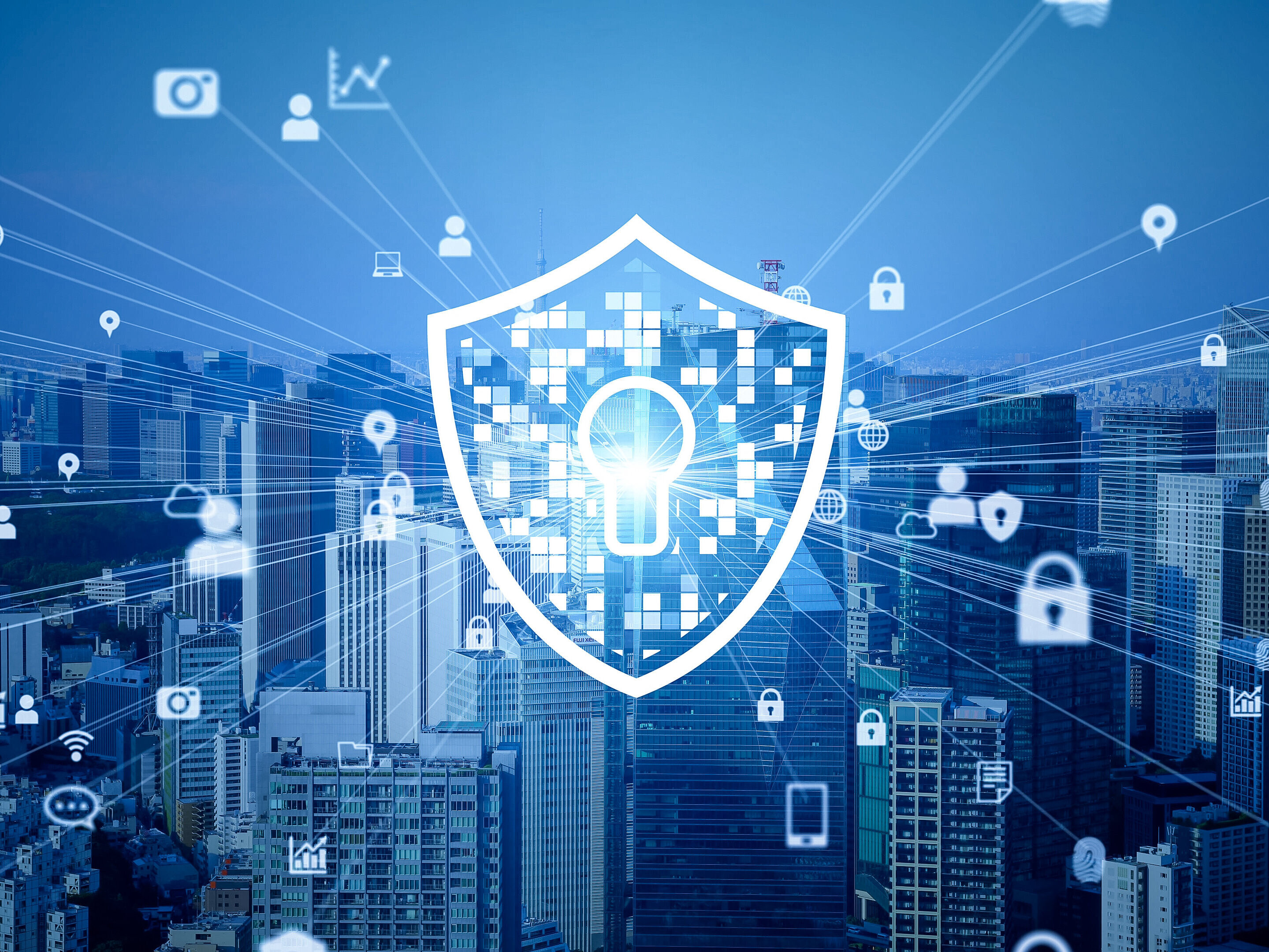 Ein Schild mit einem Schloß, umgeben von Zahlen. Im Hintergrund eine Stadt. 