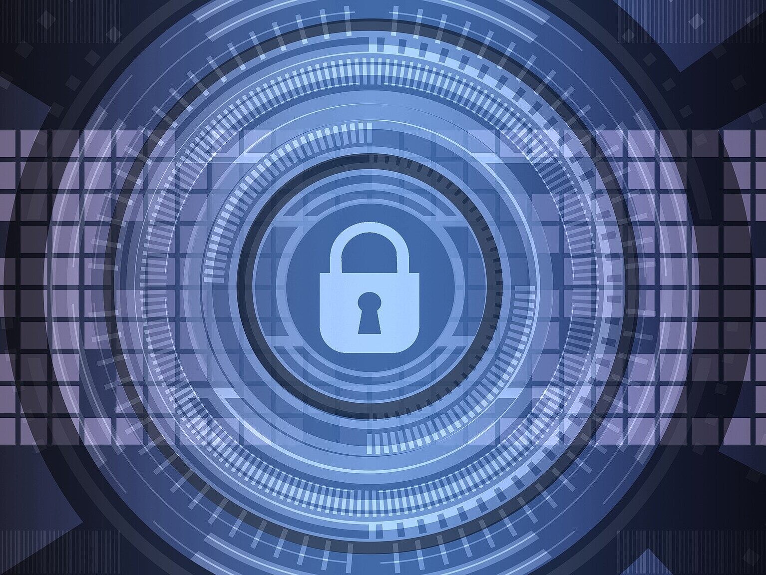 Ein von zahlreichen umkreisten Kreisen umgebenes Vorhängeschloss symbolisiert Cybersecurity