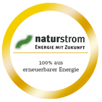 Goldener, kreisförmig umrandeter Siegel auf dem Naturstrom Energie mit Zukunft steht