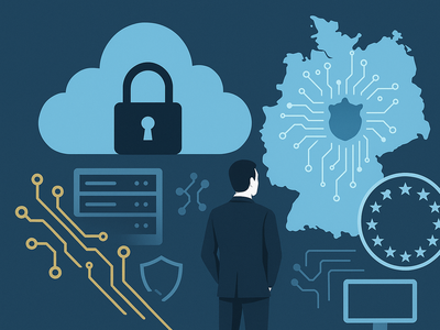 Ein Man der eine Wand ansieht, auf der eine Wolke mit Schloß, ein Server, ein Monitor und eine Dutsschlandkarte abgebildet sind.