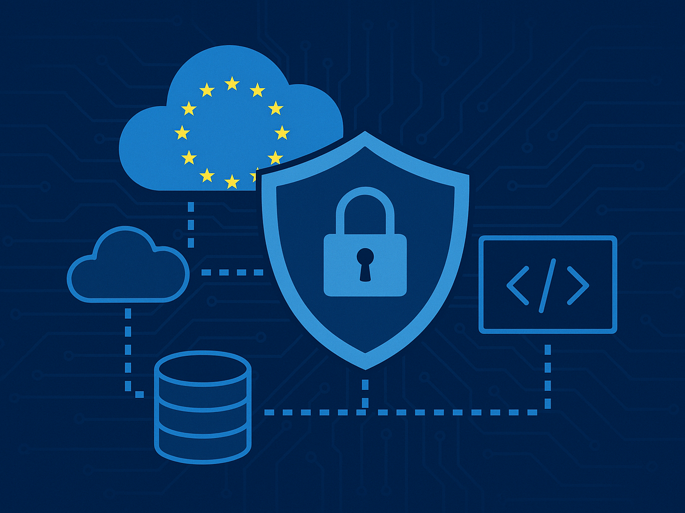 Ein blaues Schild mit einem Sicherheits-Schloß, verbunden mir einer Wolke auf der die EU Sterne abgebildet sind. Darum Symbole für Datenbanken und Cloud.