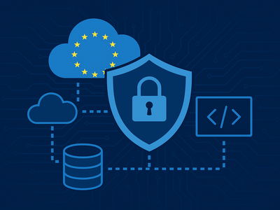 Ein blaues Schild mit einem Sicherheits-Schloß, verbunden mir einer Wolke auf der die EU Sterne abgebildet sind. Darum Symbole für Datenbanken und Cloud.