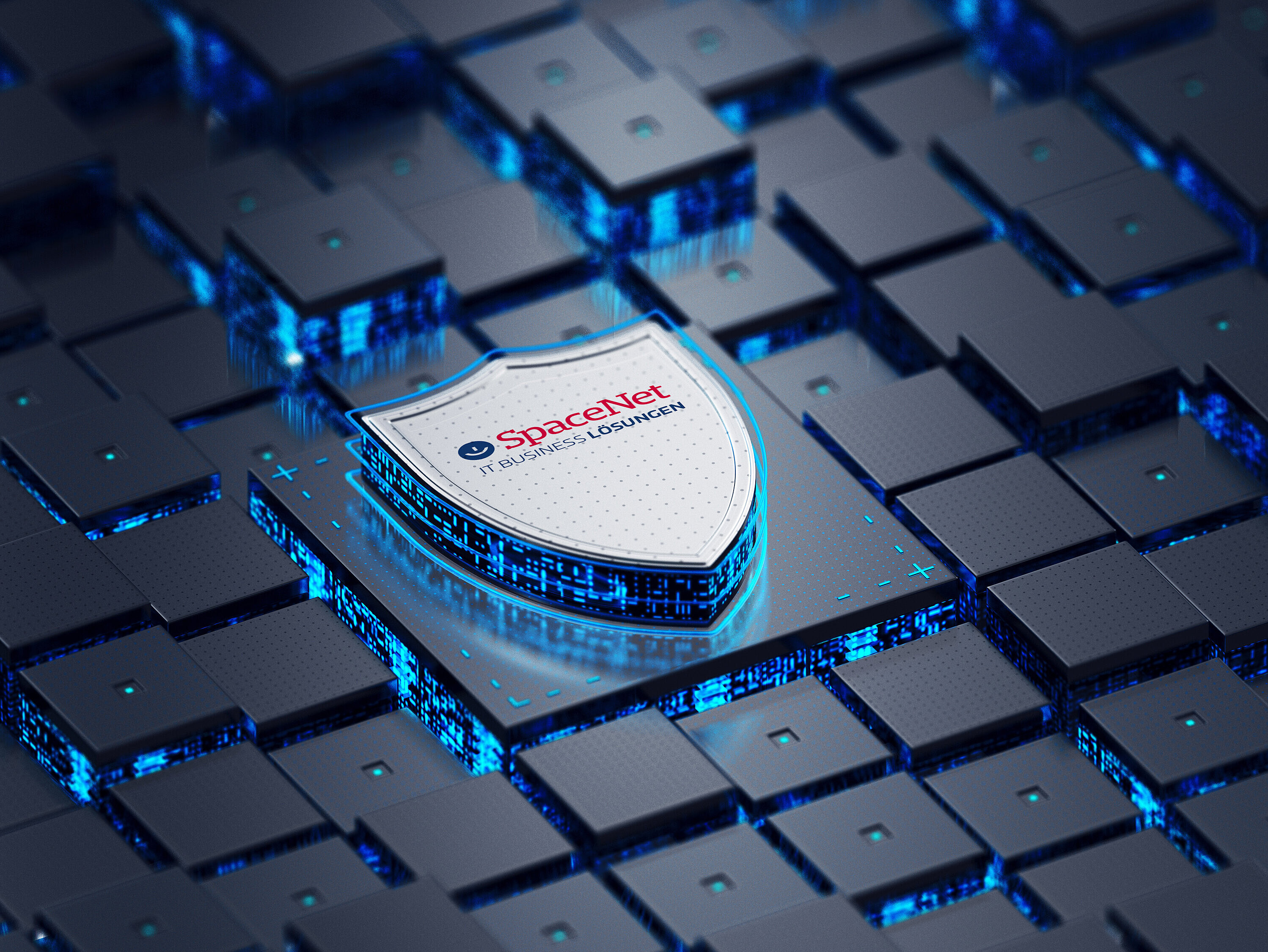 Ein Schild mit der Aufschrift "SpaceNet IT Business Lösungen" liegt auf einer Computerplatine