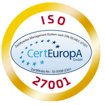 ISO 27001-Zertifikatszeichen, goldfarben und kreisförmig umrandet