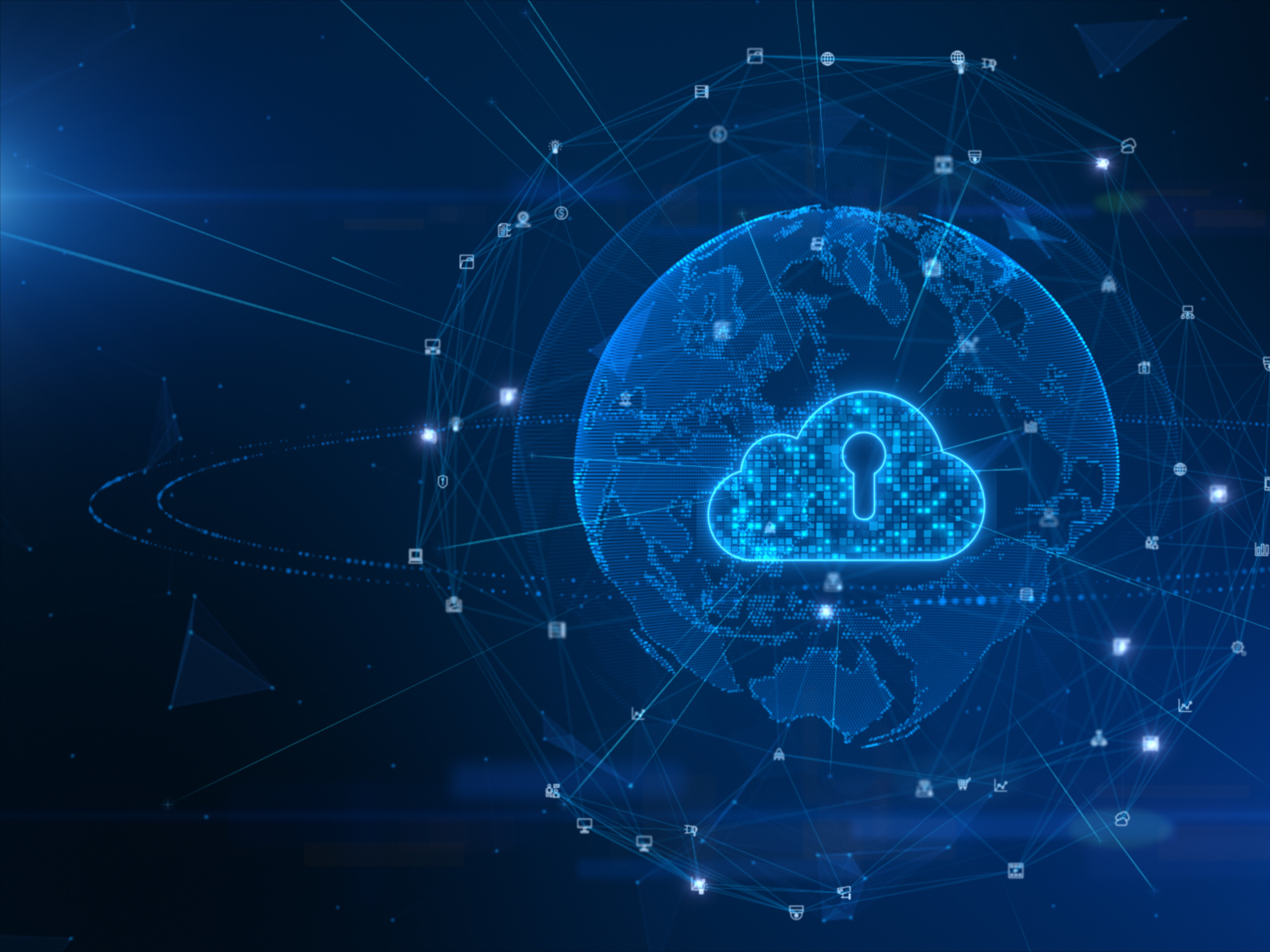 Blaue Weltkarte mit einem Cloud-Symbol und einem Schloss, umgeben von Netzwerksymbolen
