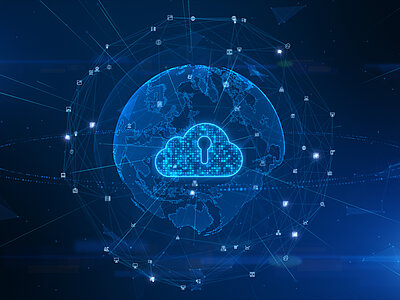 Blaue Weltkarte mit einem Cloud-Symbol und einem Schloss, umgeben von Netzwerksymbolen