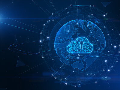 Blaue Weltkarte mit einem Cloud-Symbol und einem Schloss, umgeben von Netzwerksymbolen