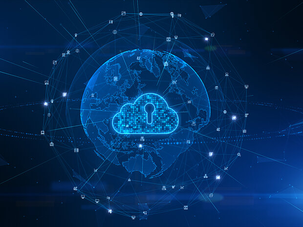 Blaue Weltkarte mit einem Cloud-Symbol und einem Schloss, umgeben von Netzwerksymbolen