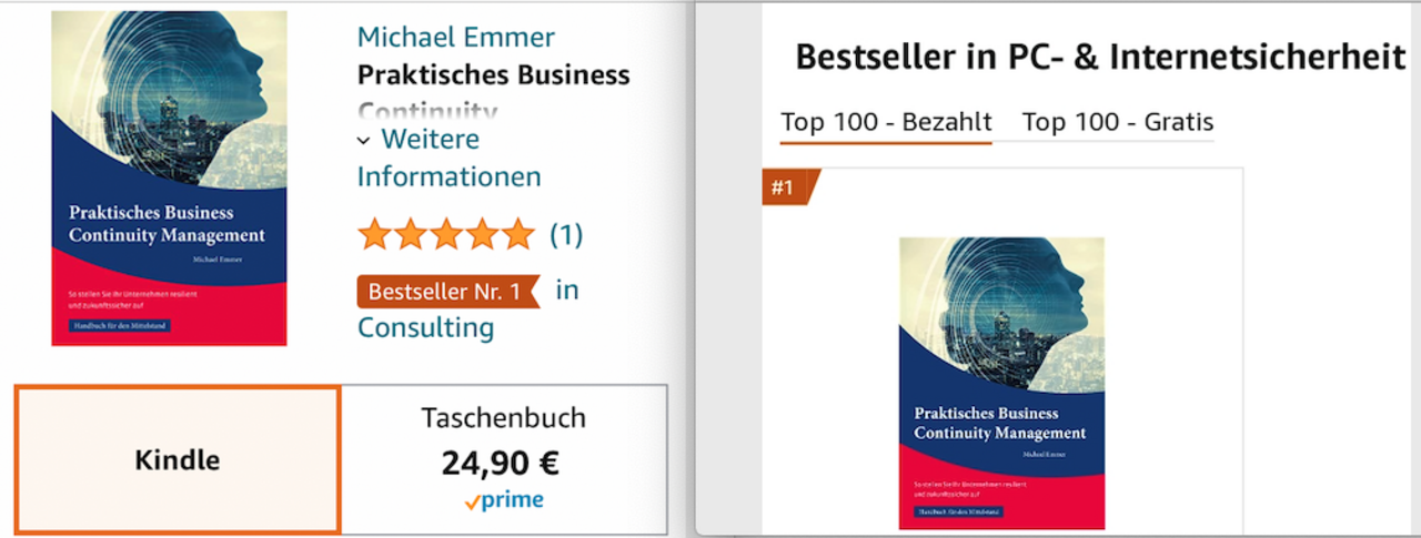 Ein Buch mit dem Titel Praktisches Business Continuity Management, das bei Amazon zum Verkauf angeboten wird