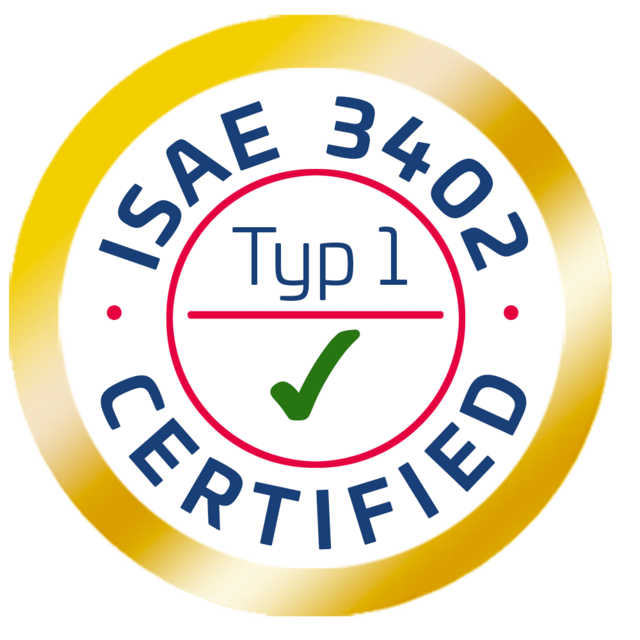 Eine goldene Plakette mit der Aufschrift "ISAE 3402 Certified"