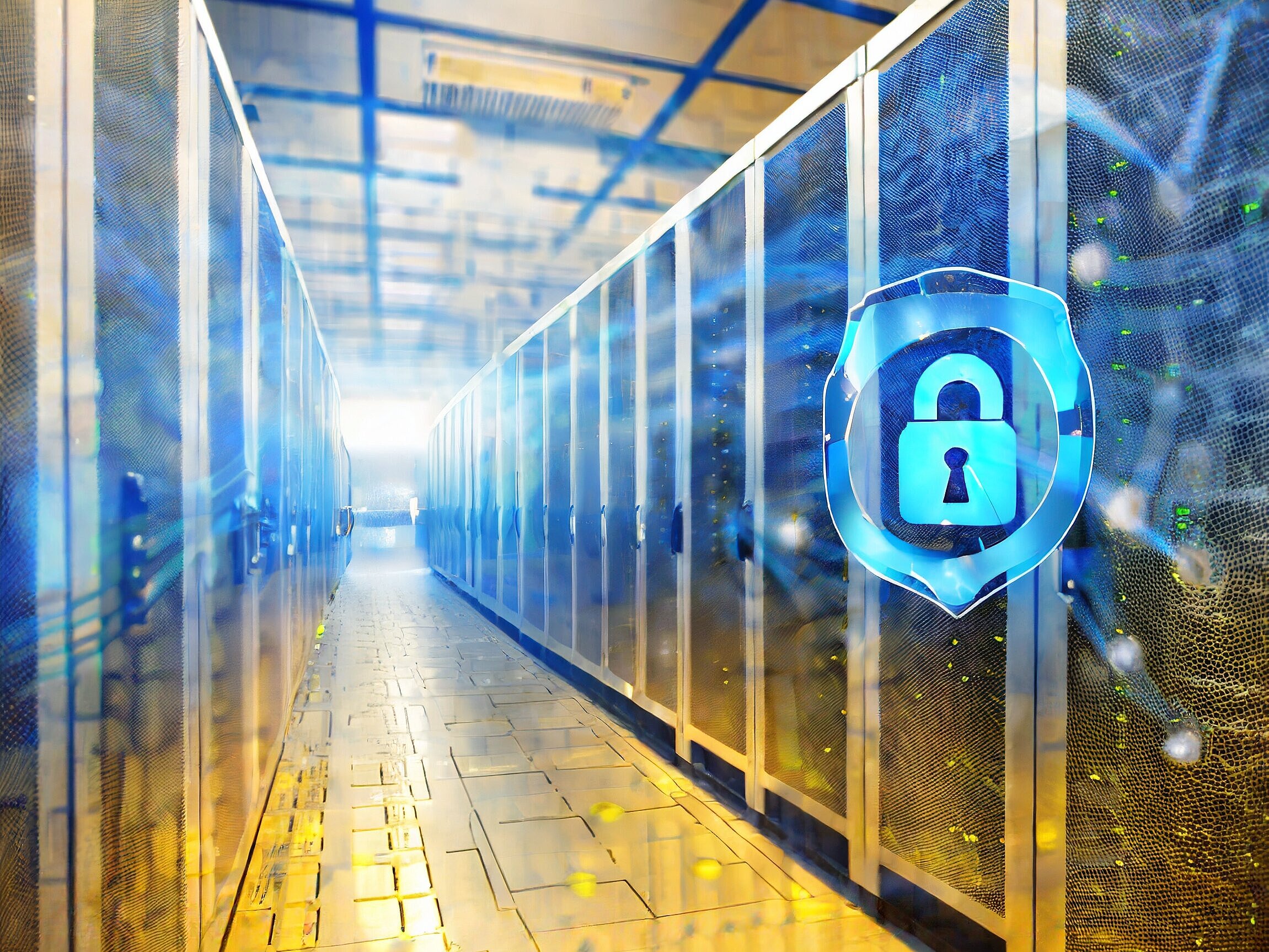 Server in einer Data-Hall in bläulich-gelben licht mit einem Schild mit Sicherheits-Schloss im Vordergrund.